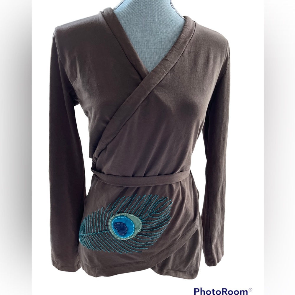 Synergy Organic Clothing Brown Wrap Top with Peacock Embroidery